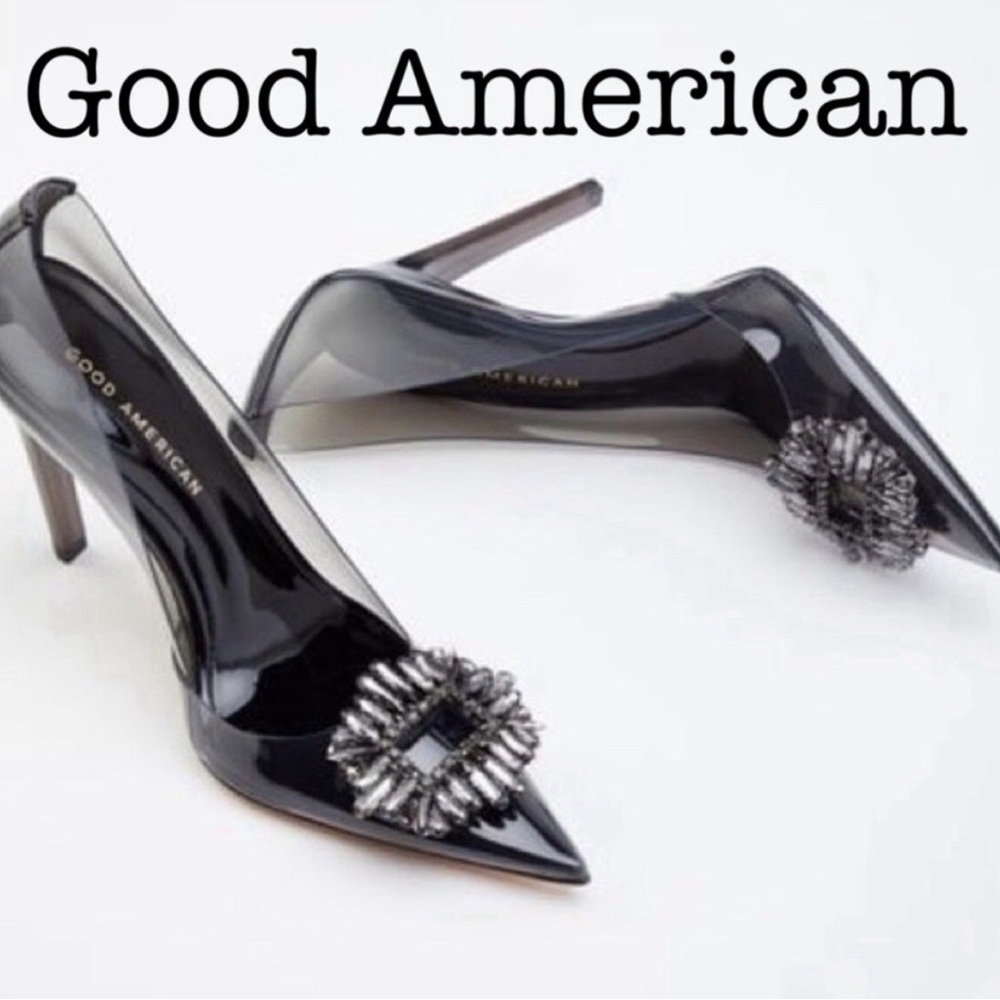 NIB GOOD AMERICAN Cinder-F*cking-Rella smoke translucent w/ jeweled toe SZ 6